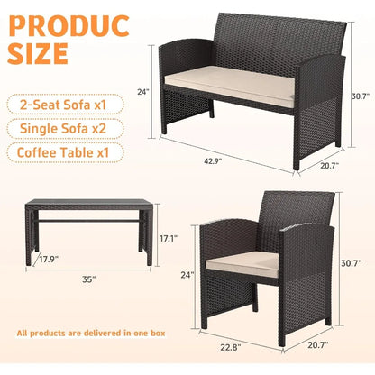 4-piece wicker conversation set with 2 rattan chairs 1 loveseat 1 coffee table removable seat cushion