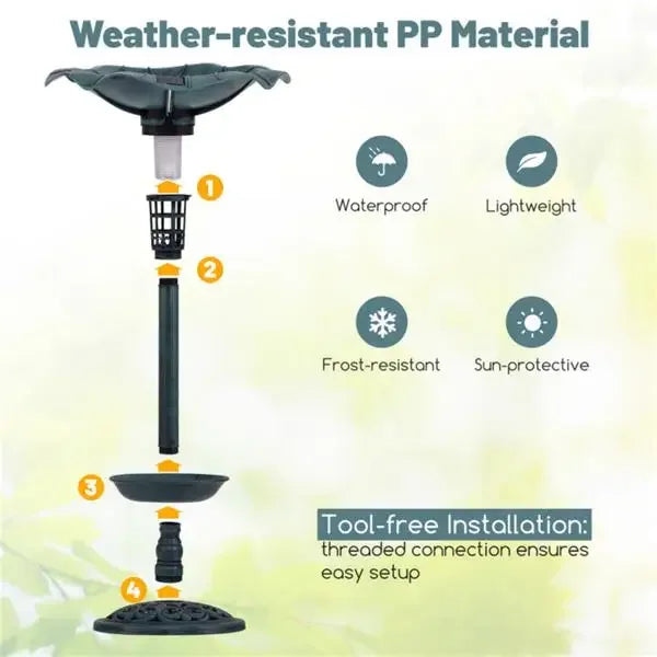 Green Standing Pedestal Birdbath and Feeder Combo with Solar Powered Lamp