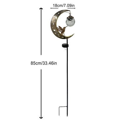Solar-powered moon-shaped with hummingbird and glass ball yard decor