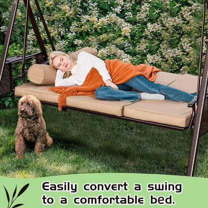 3 Seat Patio Swing with 2 Side Cup Holder, Cushion, and 2 Pillows