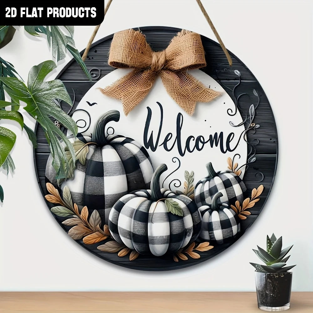 Wooden wall welcome sign wreath pumpkin design