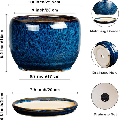 10 Inch Ceramic Planter Pot with Drainage Hole and Sauce