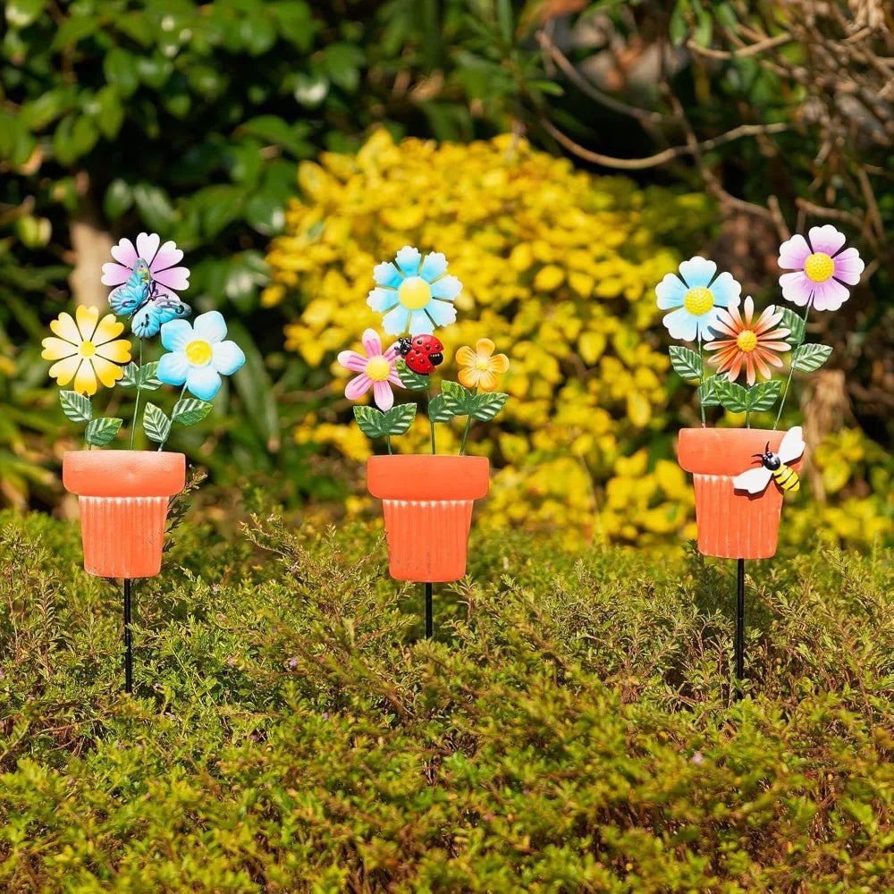 3 Pcs 24" H Flowerpot Shape Decorative Garden Stakes