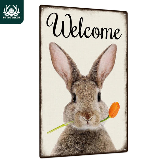 1pc Welcome Metal Sign, Vintage Rabbit