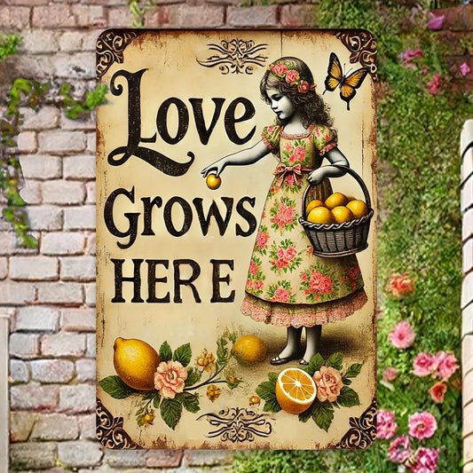 Vintage Style Love Grows Here Metal Sign