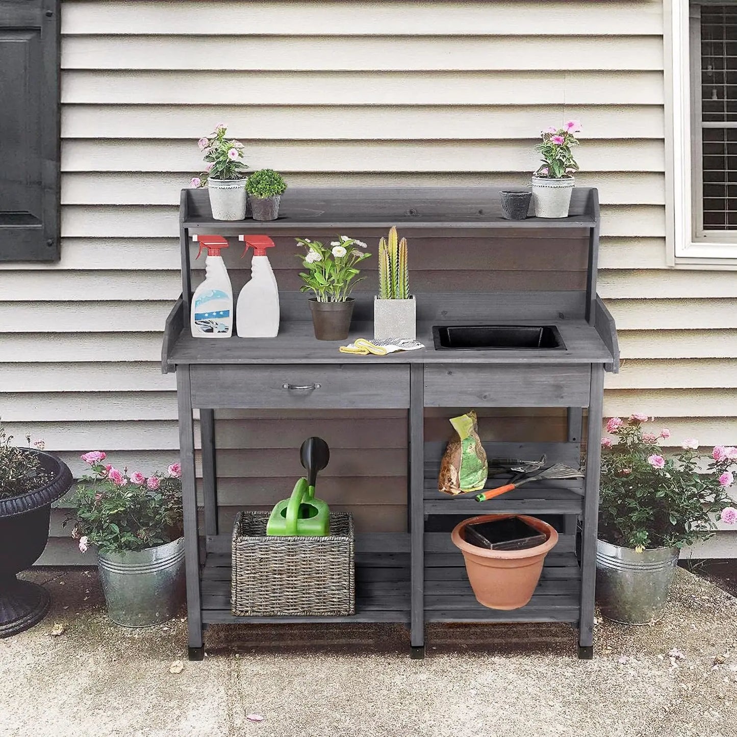 Outdoor Potting Bench with Drawer/Adjustable Shelf Rack/Removable