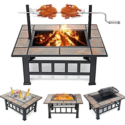 37 Inch Outdoor Square Wood-Burning Fire Pit with Grill