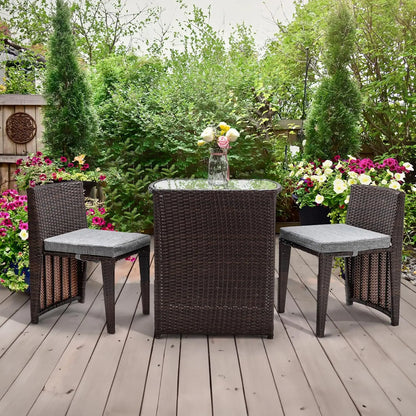 3 PCS Wicker Outdoor Patio Bistro Set for Small Space with Glass Top Table