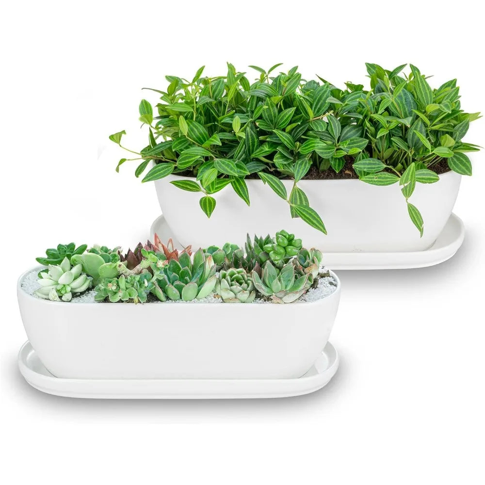 Ceramic Plant Pots Set of 2, 11+14 Inch with Drainage Holes and Saucers