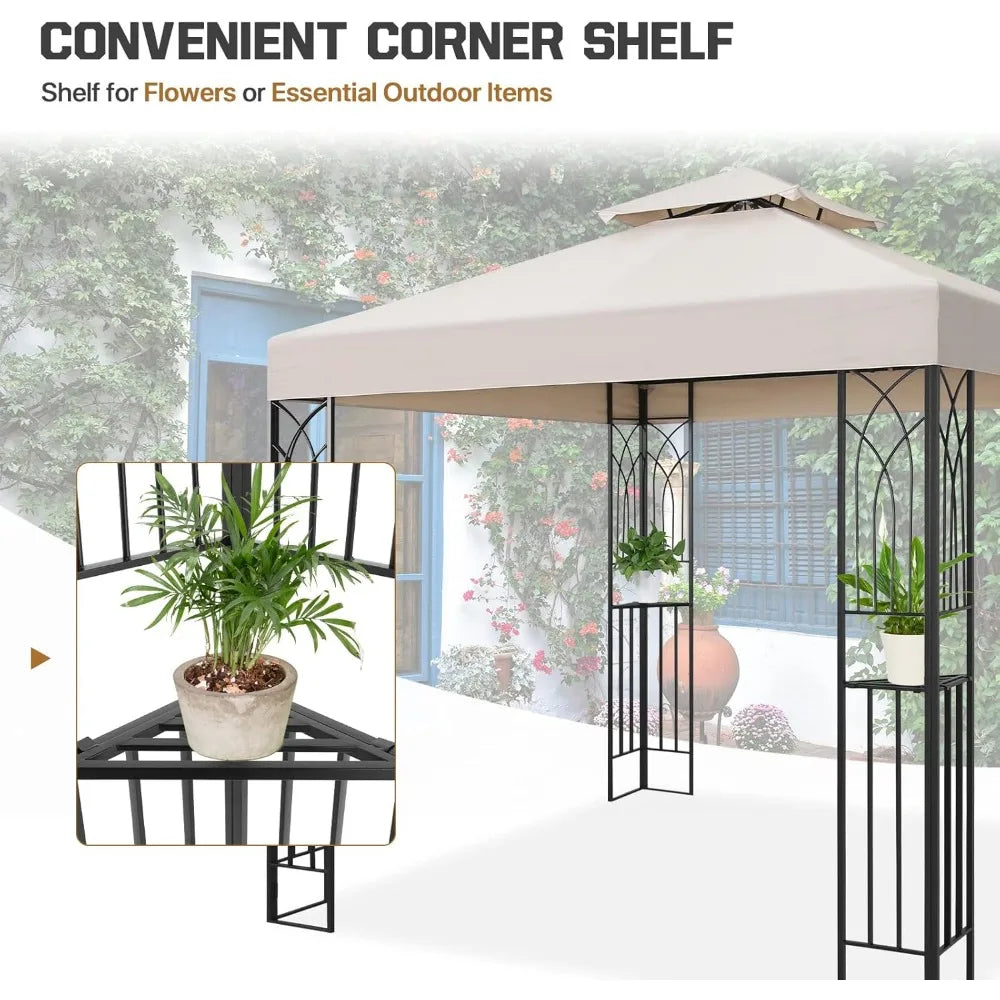 8x8 Outdoor Patio Gazebo with Corner Shelves, Two-Tier Soft Top Canopy