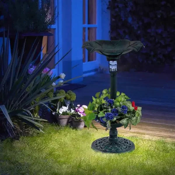 Green Standing Pedestal Birdbath and Feeder Combo with Solar Powered Lamp