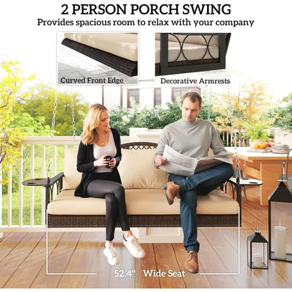 3 Person Wicker Porch Swing with Cup Holder