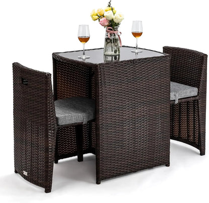 3 PCS Wicker Outdoor Patio Bistro Set for Small Space with Glass Top Table