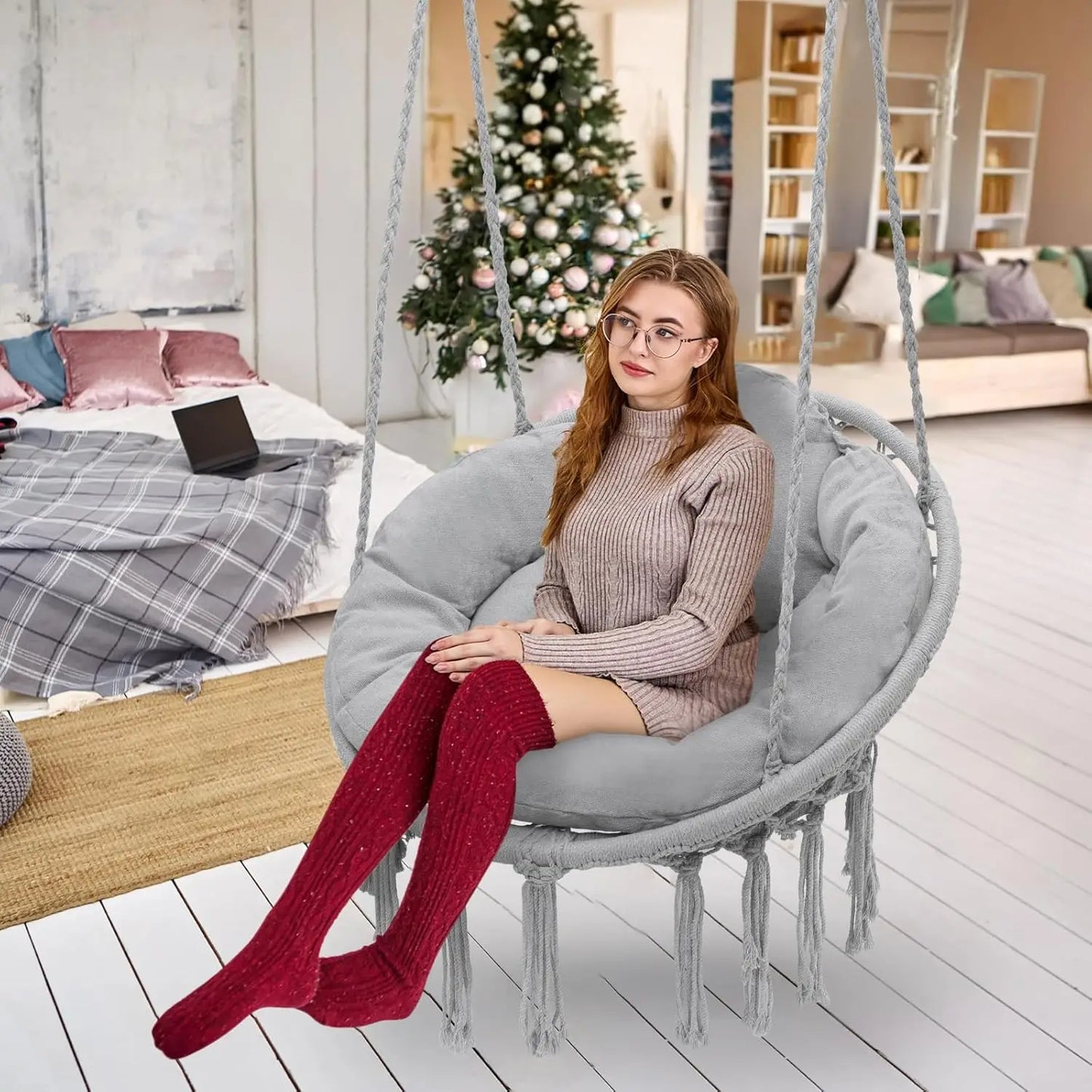 Hanging Swing Chair with Large Thick Cushions