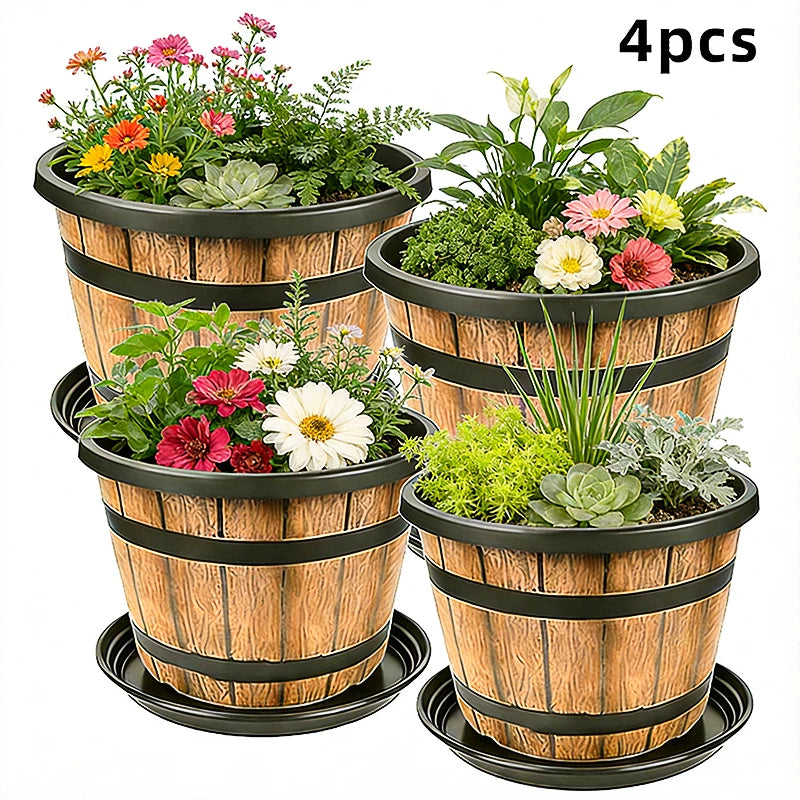 Imitation Wooden Barrel Resin Plant Pot