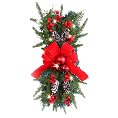 Artificial Prelit Stairway Trim with Pinecones&Bowknot Bells Christmas Decor Wreath for Stair Front Door Decoration