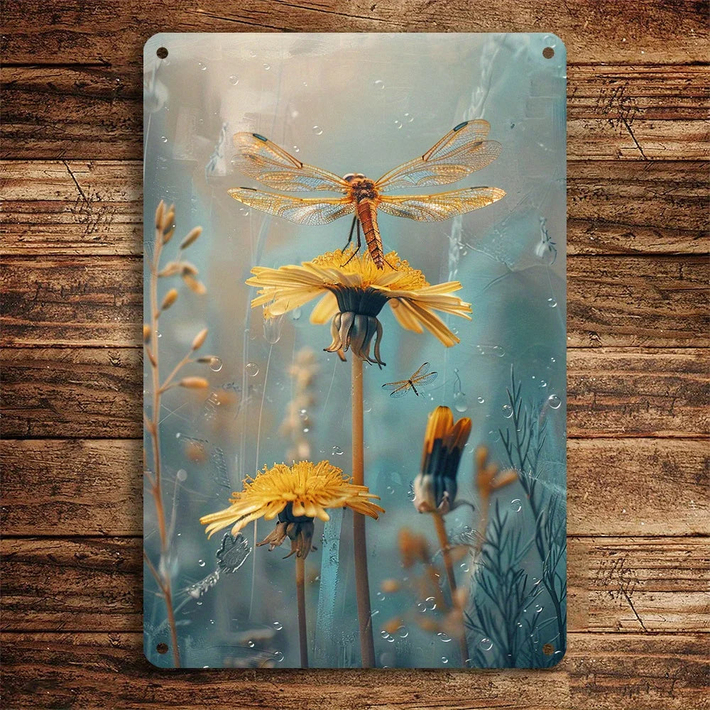 1PC Dandelion and Dragonfly Vintage Metal Plaque  8x12 Inches