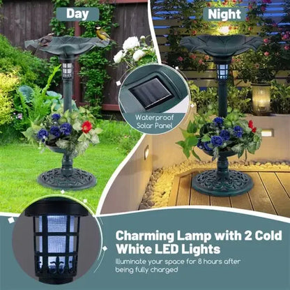 Green Standing Pedestal Birdbath and Feeder Combo with Solar Powered Lamp