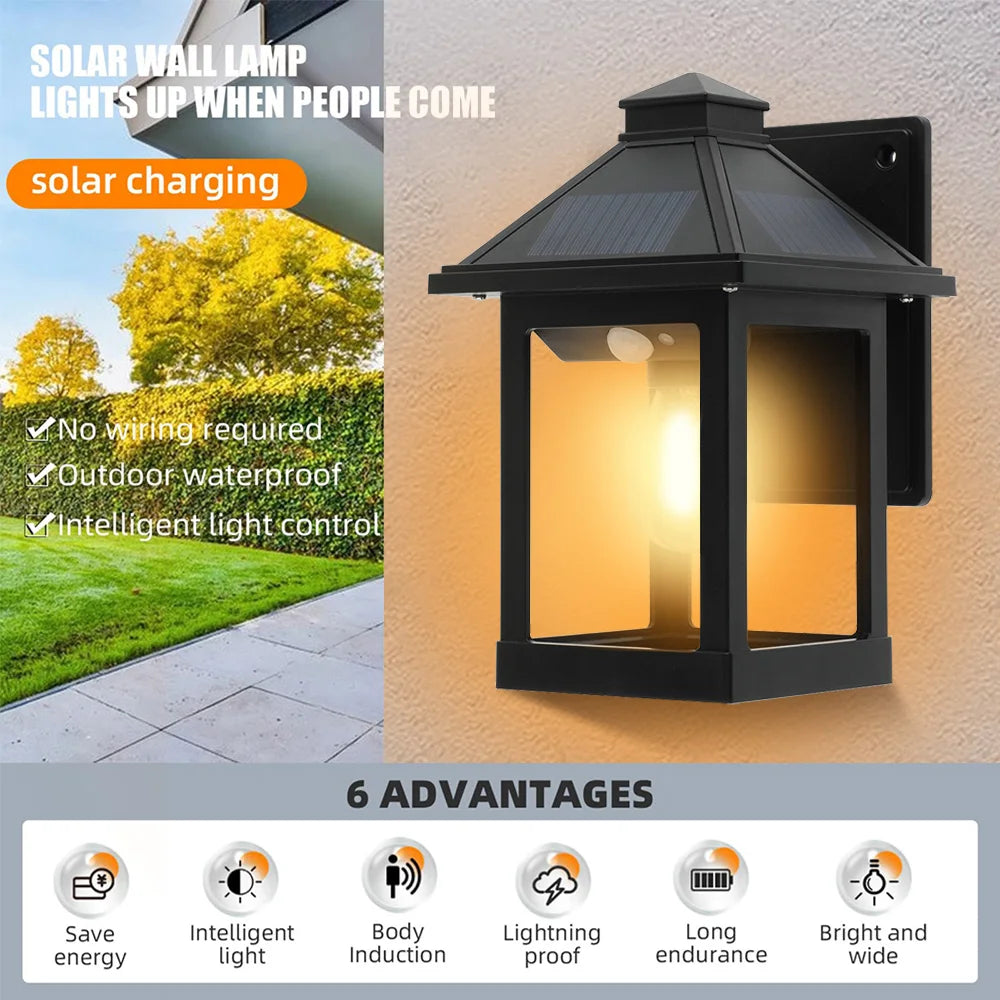 2pcs Solar Powered Wall Lanterns with 3 Modes Dusk to Dawn Motion Sensor