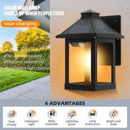 2pcs Solar Powered Wall Lanterns with 3 Modes Dusk to Dawn Motion Sensor