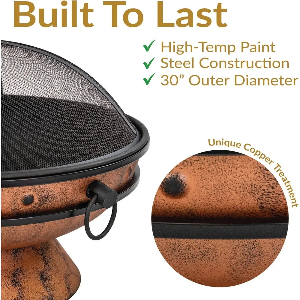 30-Inch Wood Burning Fire Pit with Poker and Screen - Copper Finish