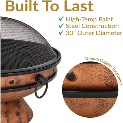 30-Inch Wood Burning Fire Pit with Poker and Screen - Copper Finish
