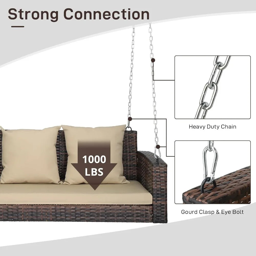 "3-Person Wicker Porch Swing with Cushion and Pillows
