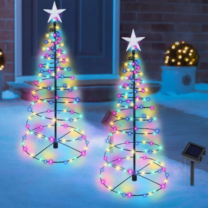 2 Pack Solar-Powered Spiral Christmas Trees with Multicolor LED Lights for Outdoor
