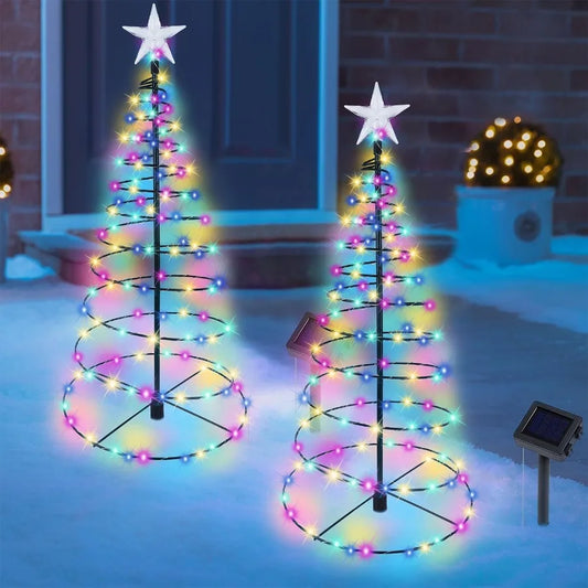 2 Pack Solar-Powered Spiral Christmas Trees with Multicolor LED Lights for Outdoor