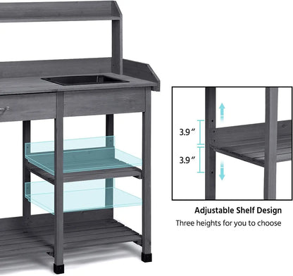 Outdoor Potting Bench with Drawer/Adjustable Shelf Rack/Removable