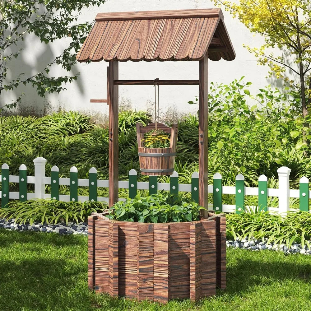 Outdoor Wooden Wishing Well Planter with Hanging Bucket for Flower and Plants