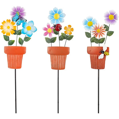 3 Pcs 24" H Flowerpot Shape Decorative Garden Stakes