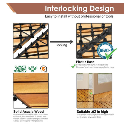 12" x 12" Solid Acacia Wood Interlocking Patio Deck Tiles