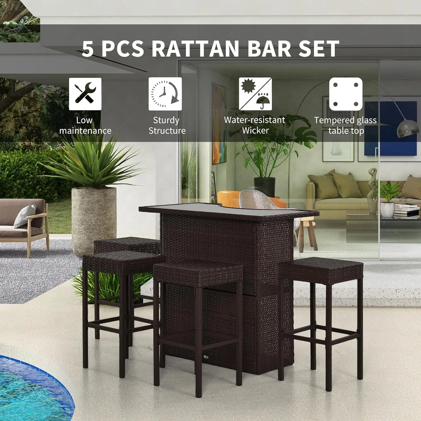 5 Pcs Rattan Wicker Bar Set with Glass Tabletop 2 Tier Storage Shelf