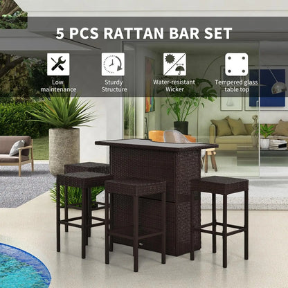 5 Pcs Rattan Wicker Bar Set with Glass Tabletop 2 Tier Storage Shelf
