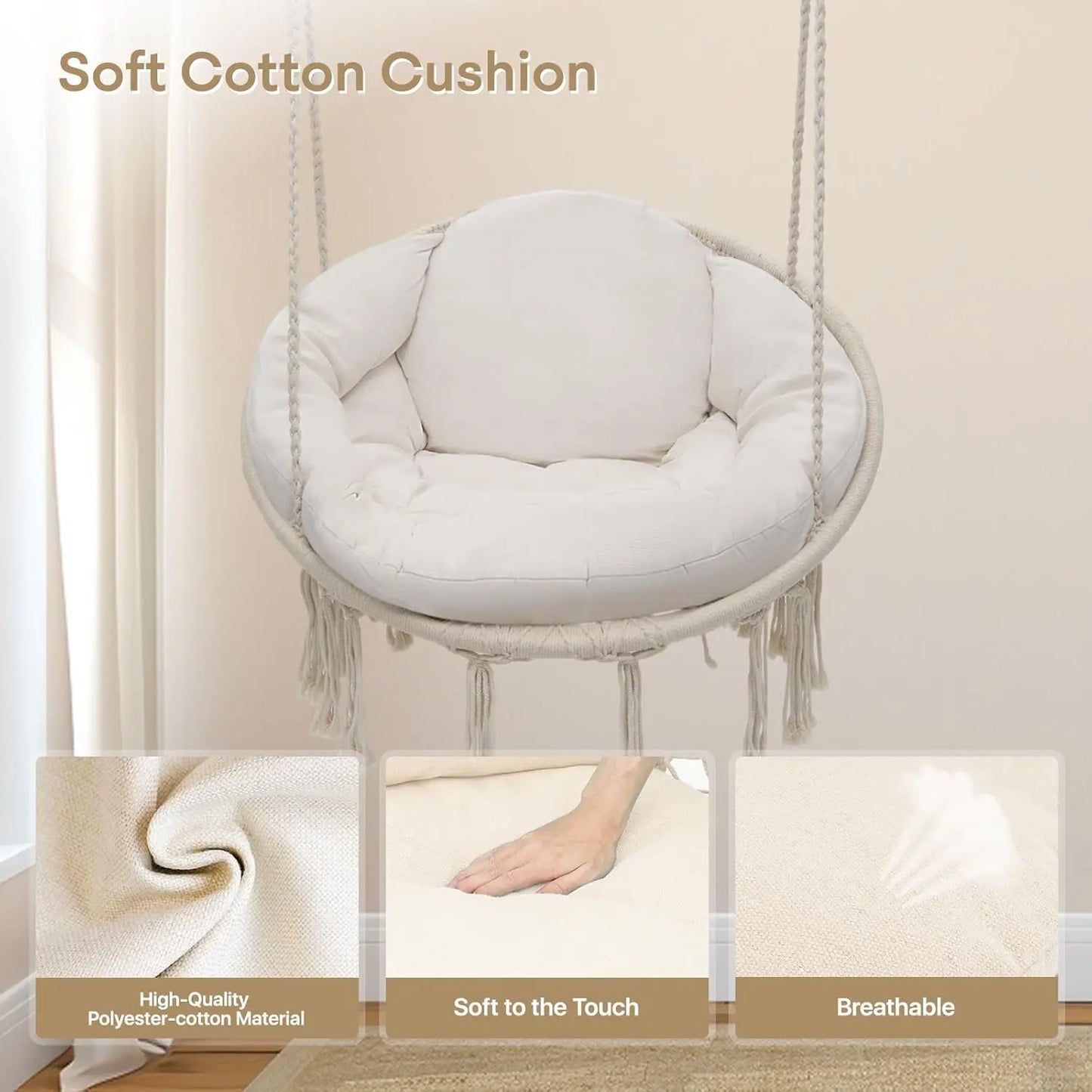 Hanging Swing Chair with Large Thick Cushions