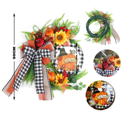 19.69inch Pumpkin Bowknot Sunflower Autumn Wreath