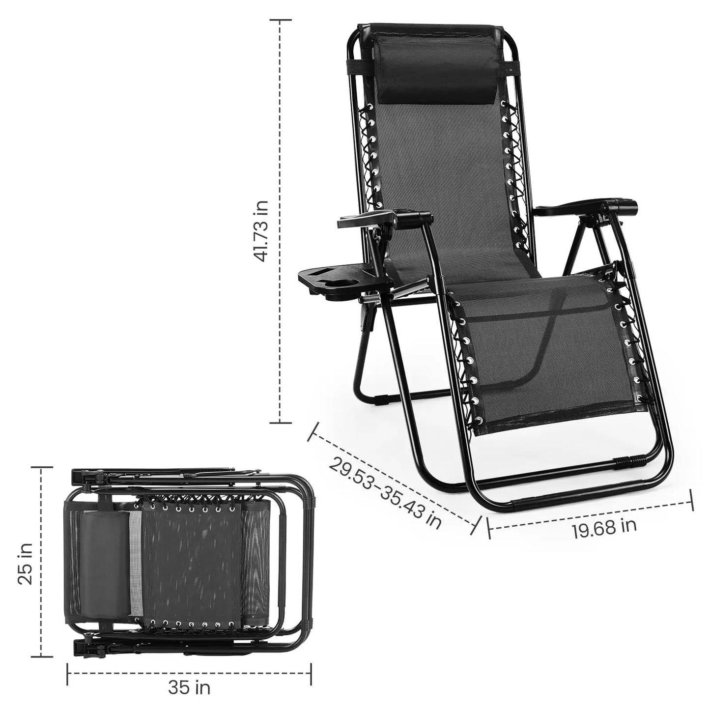 Zero Gravity Portable Recliner with Cup Holder Trays and Adjustable Pillow