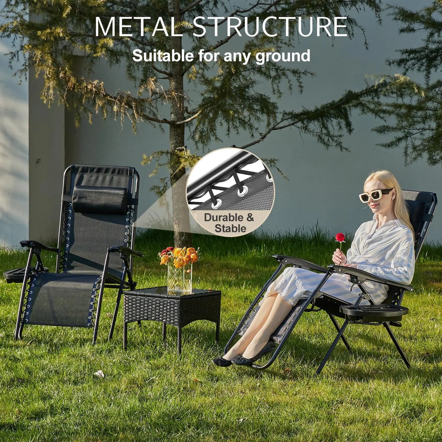 Zero Gravity Portable Recliner with Cup Holder Trays and Adjustable Pillow