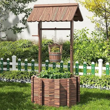 Outdoor Wooden Wishing Well Planter with Hanging Bucket for Flower and Plants