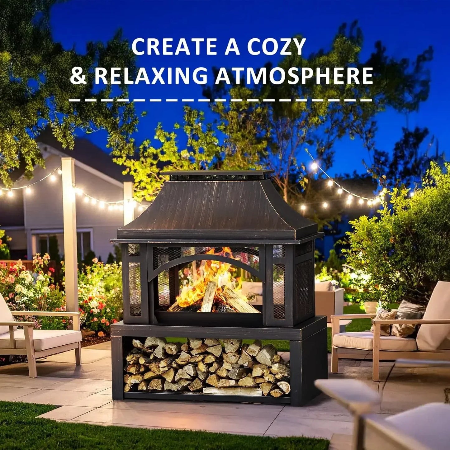 Large Wood Burning Outdoor Fireplace with Chimney with Wood Storage