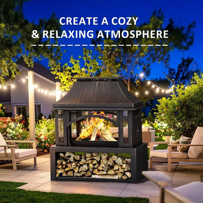 Large Wood Burning Outdoor Fireplace with Chimney with Wood Storage