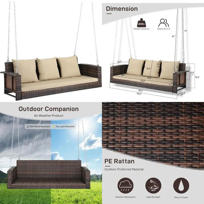 "3-Person Wicker Porch Swing with Cushion and Pillows