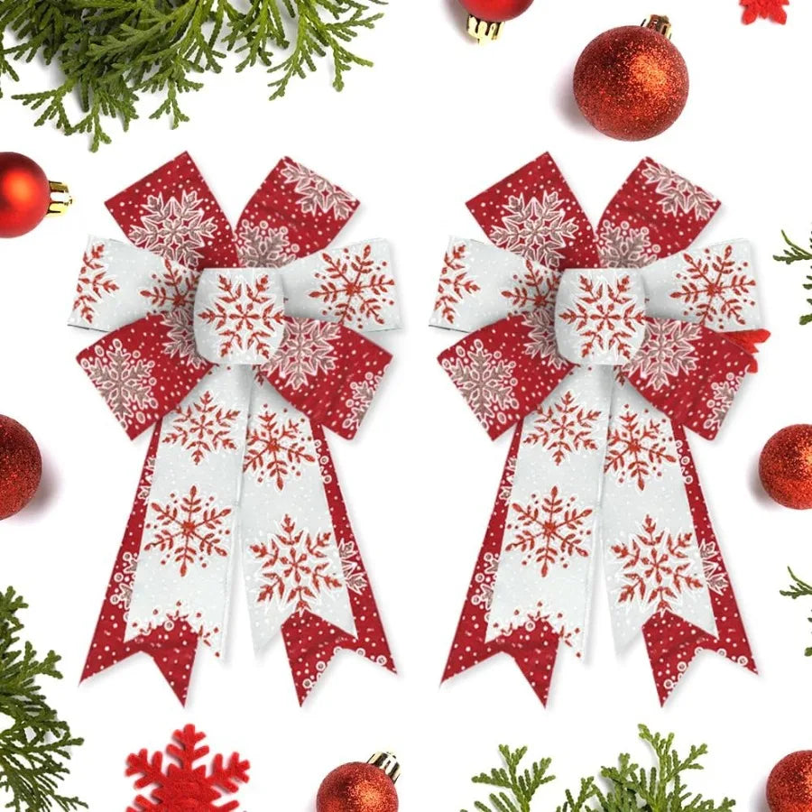2 Pieces Christmas Glitter Red White Burlap Bows with Snowflake Design
