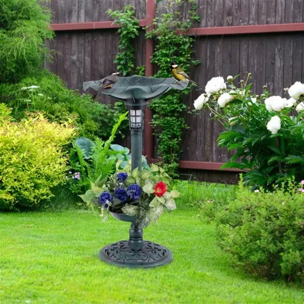 Green Standing Pedestal Birdbath and Feeder Combo with Solar Powered Lamp