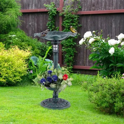 Green Standing Pedestal Birdbath and Feeder Combo with Solar Powered Lamp