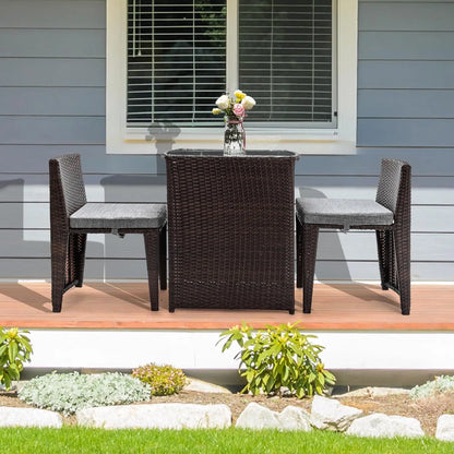 3 PCS Wicker Outdoor Patio Bistro Set for Small Space with Glass Top Table