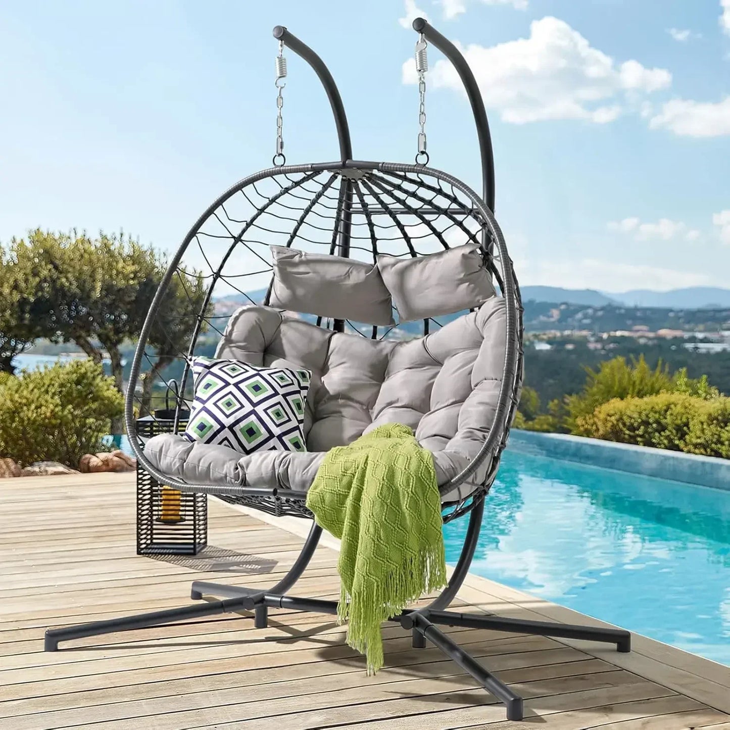 2 Person Double Egg Swing Chair with Stand Indoor Outdoor