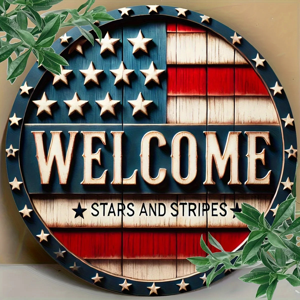 Patriotic Round Metal Welcome Sign