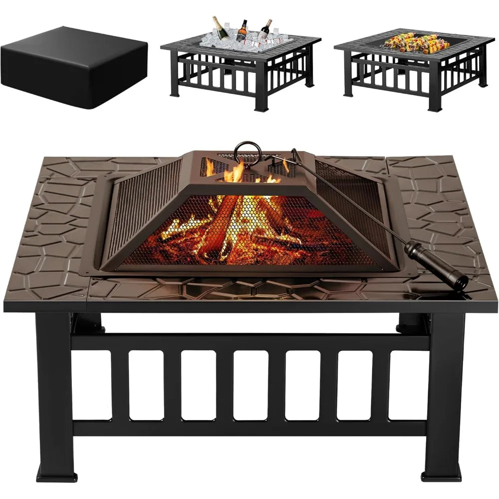 Firepit Table Metal Outdoor Fireplaces with Waterproof Cover